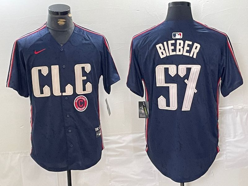 Men Cleveland Indians #57 Bieber Blue City Edition Nike 2024 MLB Jersey style 5